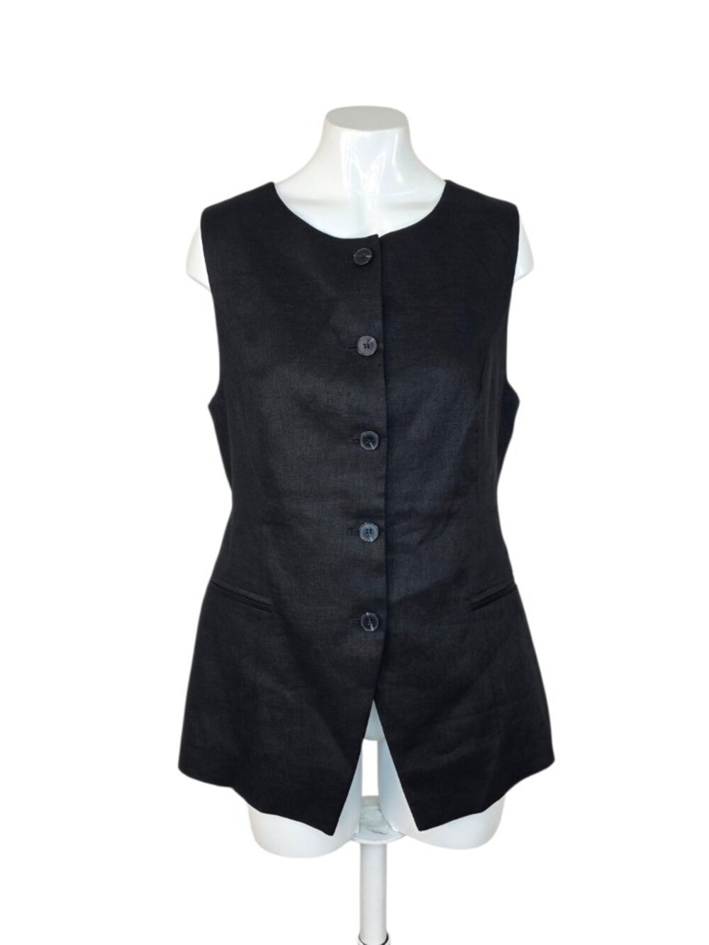DISSH Alessia 100% Linen Vest, Black, Tie Back, Button Front, Size US 8